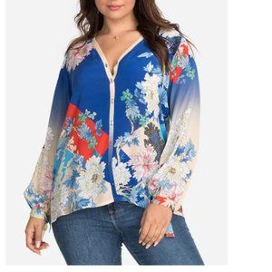 Johnny Was Silk Blouse Size-1X Multicolor Floral Print